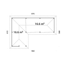 Grundriss eines Gartenhauses mit den Maßen 960 mal 876 mal 672 mal 588 und einer Fläche von 16,6 Quadratmetern