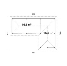 Grundriss eines Gartenhauses mit den Maßen 876 mal 960 mal 672 mal 588 Zentimeter und einer Fläche von 16,6 Quadratmetern
