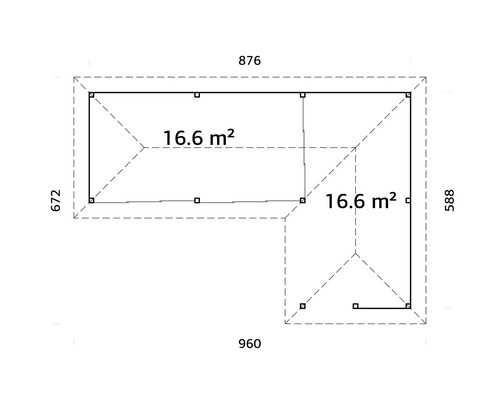 Grundriss eines Gartenhauses mit den Maßen 876 mal 960 mal 672 mal 588 Zentimeter und einer Fläche von 16,6 Quadratmetern