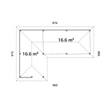 Grundriss eines Gartenhauses mit den Maßen 960 x 876 x 672 x 588 und einer Fläche von 2 x 16,6 Quadratmetern
