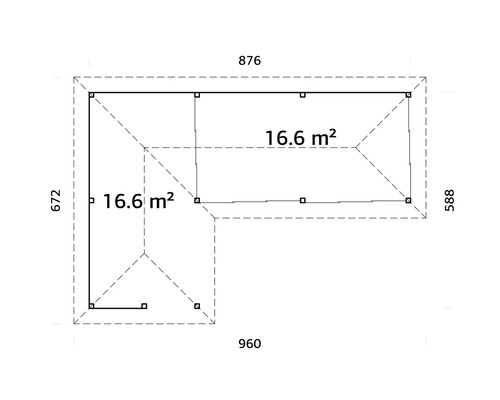 Grundriss eines Gartenhauses mit den Maßen 960 x 876 x 672 x 588 und einer Fläche von 2 x 16,6 Quadratmetern