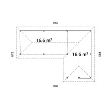 Grundriss eines Gartenhauses mit den Maßen 876 x 672 x 960 x 588 und einer Fläche von 16,6 Quadratmetern