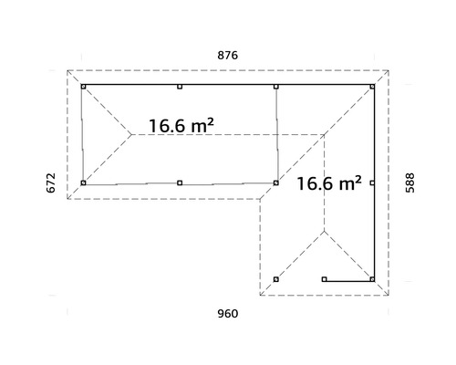 Grundriss eines Gartenhauses mit den Maßen 876 x 672 x 960 x 588 und einer Fläche von 16,6 Quadratmetern