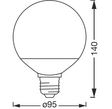 Abbildung einer Glühbirne mit den Maßen 95 Millimeter Durchmesser und 140 Millimeter Höhe