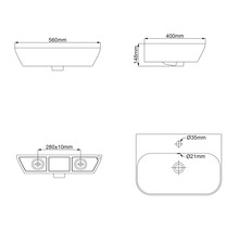 Technische Zeichnung eines Waschbeckens mit Maßangaben
