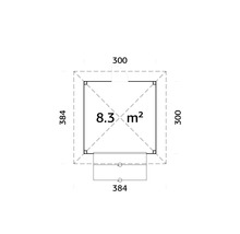 Grundriss eines Hauses mit einer Fläche von 8.3 Quadratmetern und den Maßen 300 x 384 Zentimeter