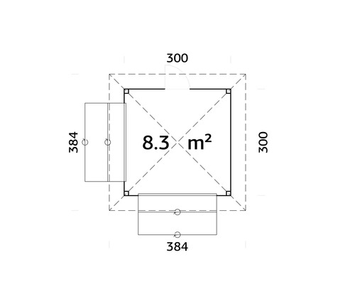 Grundrisszeichnung eines Gartenhauses mit Angabe der Fläche und Maße.