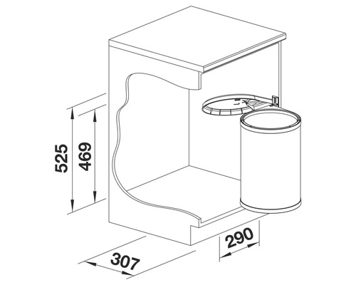 Technische Zeichnung eines Mülltrennsystems mit Maßangaben