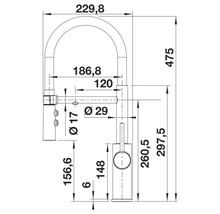 Technische Zeichnung einer Küchenarmatur mit Abmessungen