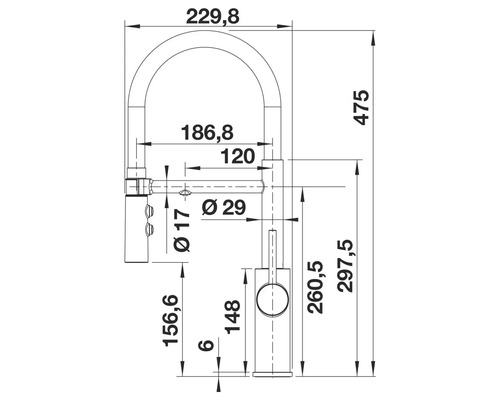 Technische Zeichnung einer Küchenarmatur mit Abmessungen