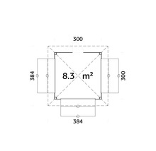 Grundrisszeichnung eines Gartenhauses mit einer Fläche von 8,3 Quadratmetern.