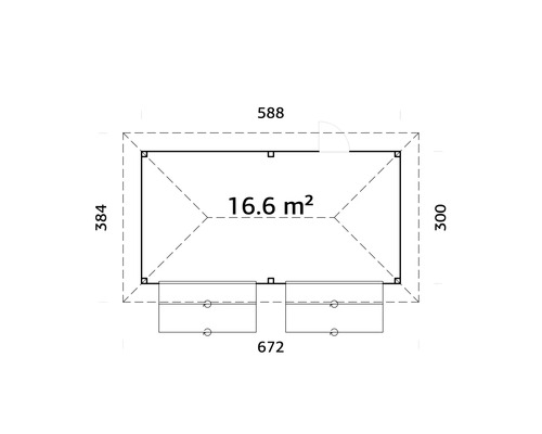 Grundrisszeichnung eines Gartenhauses mit den Maßen 588 mal 672 mal 384 mal 300 und einer Fläche von 16,6 Quadratmetern.
