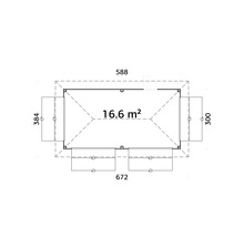 Grundriss eines Gartenhauses mit einer Fläche von 16.6 Quadratmetern