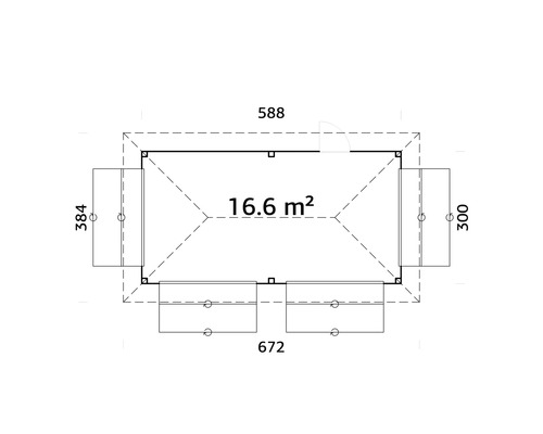 Grundriss eines Gartenhauses mit den Maßen 588 mal 672 Zentimeter und einer Fläche von 16.6 Quadratmetern.