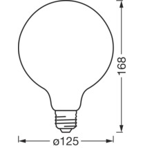 Technische Zeichnung einer Glühbirne mit den Maßen 125 mm Durchmesser und 168 mm Höhe