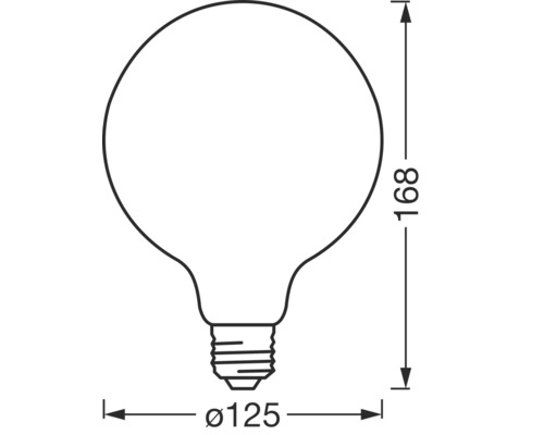 Technische Zeichnung einer Glühbirne mit den Maßen 125 mm Durchmesser und 168 mm Höhe