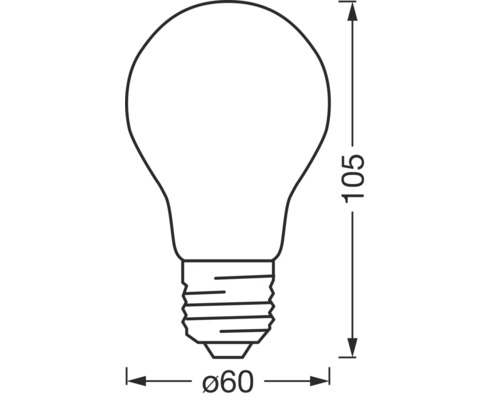 Skizze einer Glühbirne mit den Maßen 105 mm Höhe und 60 mm Durchmesser.