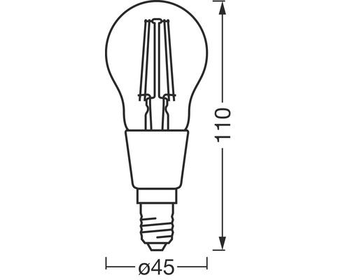 Skizze einer Glühbirne mit den Maßen 110 mm Länge und 45 mm Durchmesser