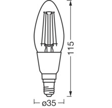 Technische Zeichnung einer Kerzenlampe mit den Maßen 115 mm Höhe und 35 mm Durchmesser