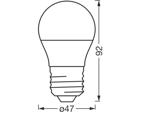 Technische Zeichnung einer Lampe mit den Maßen 47 Millimeter Durchmesser und 92 Millimeter Höhe