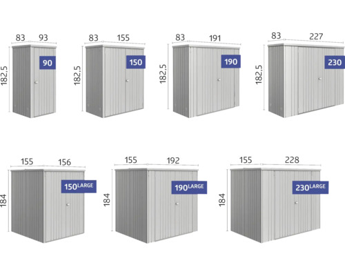 Übersicht verschiedener Metall Gerätehäuser mit Größenangaben