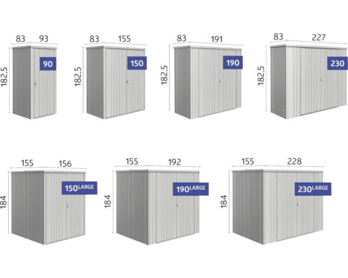 Verschiedene Größen von Metall Gerätehäusern mit Maßangaben