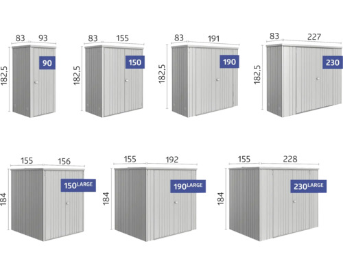 Verschiedene Größen von Metall Geräteschränken dargestellt.
