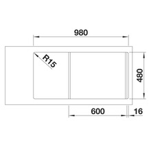 Technische Zeichnung einer Spüle mit Maßangaben