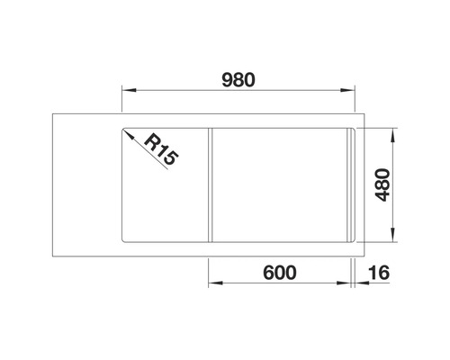 Technische Zeichnung einer Spüle mit Maßangaben