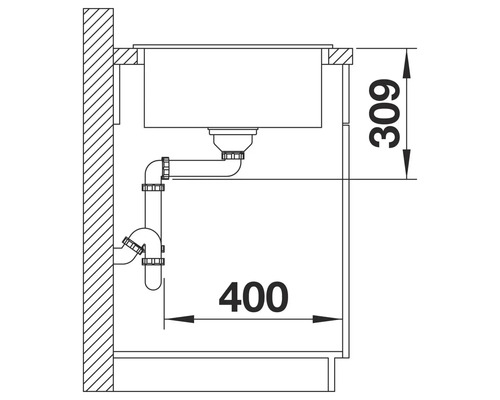 Technische Zeichnung eines Waschbeckens mit Maßen.