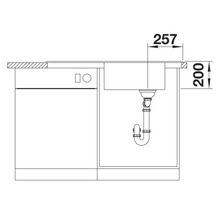 Technische Zeichnung eines Spülbeckens mit den Maßen 257 mal 200 Millimeter