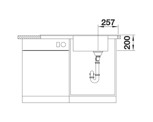 Technische Zeichnung eines Spülbeckens mit Abmessungen 257 und 200 Millimeter