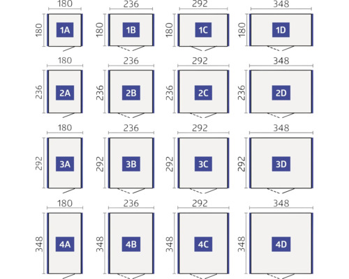 Größenübersicht für Produkte mit verschiedenen Abmessungen
