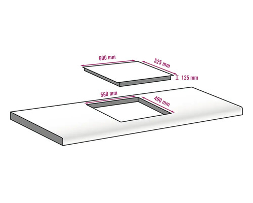 Illustration einer Arbeitsplatte mit den Maßangaben für den Ausschnitt eines Kochfeldes