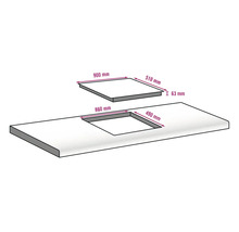 Illustration einer Arbeitsplatte mit Ausschnitt und zugehöriger Platte mit Größenangaben in Millimetern.