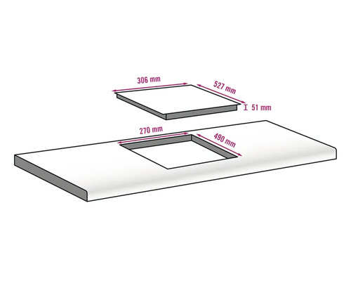 Skizze eines Kochfeldes mit den Maßen 306 mm mal 527 mm und einer Höhe von 51 mm, sowie eine Arbeitsplatte mit einem Ausschnitt von 270 mm mal 490 mm.