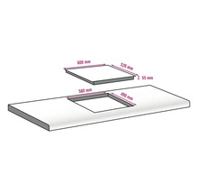 Skizze eines Kochfelds mit den Maßen 600 mm mal 520 mm und einer Einbauhöhe von 55 mm über einer Arbeitsplatte mit einer Aussparung von 560 mm mal 490 mm.