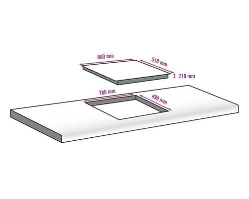 Abbildung einer Arbeitsplatte mit den Maßen 780 mm mal 490 mm und einer Kochfeldabdeckung mit den Maßen 800 mm mal 510 mm