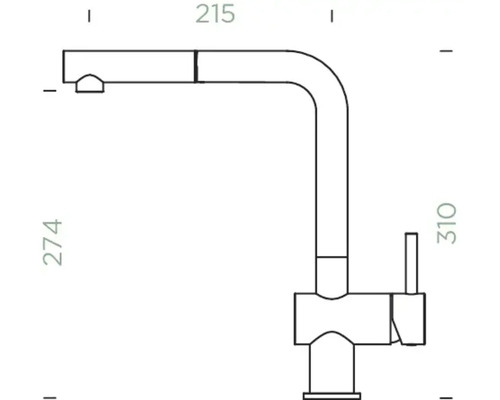 Technische Zeichnung einer Küchenarmatur mit Abmessungen.