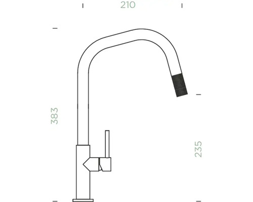 Technische Zeichnung einer Küchenarmatur mit Maßen