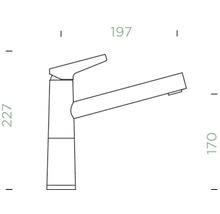 Technische Zeichnung einer Küchenarmatur mit Maßangaben.