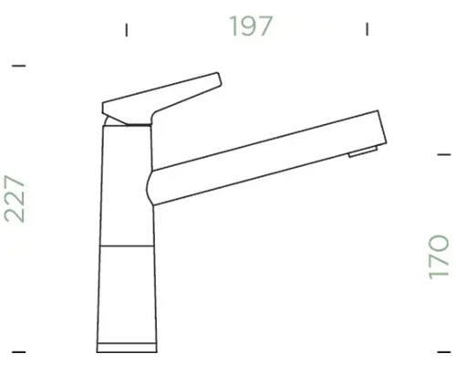 Technische Zeichnung einer Küchenarmatur mit Maßangaben.