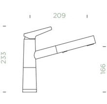 Technische Zeichnung einer Küchenarmatur mit Maßangaben.