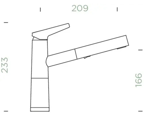 Technische Zeichnung einer Küchenarmatur mit Maßangaben.