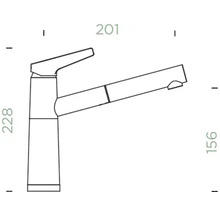 Skizze einer Küchenarmatur mit Auslauf und den Maßen 228 mm, 201 mm und 156 mm.