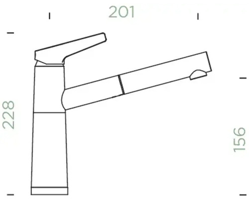 Skizze einer Küchenarmatur mit Auslauf und den Maßen 228 mm, 201 mm und 156 mm.