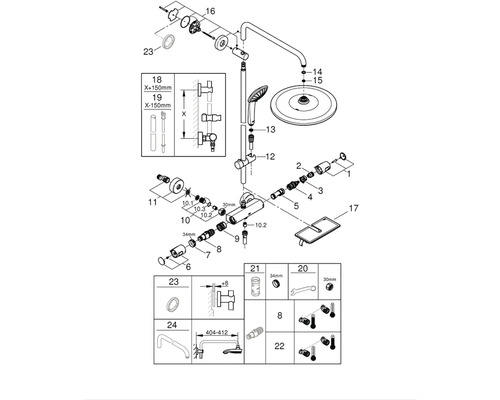 Explosionszeichnung einer Duscharmatur mit Einzelteilen und Maßen.