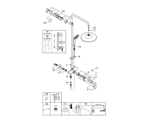 Explosionszeichnung eines Duschsystems mit diversen Einzelteilen und Komponenten.