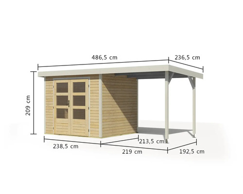 Abbildung mit Maßangaben eines Gartenhauses mit Anbau.