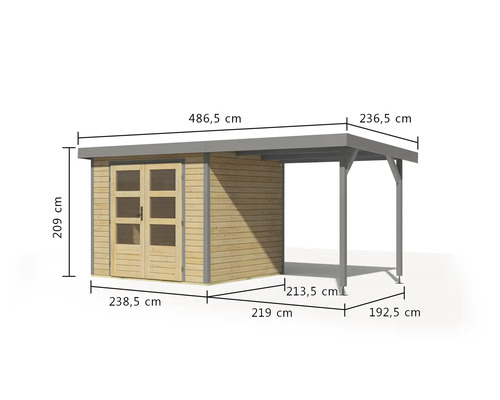 Illustration eines Gerätehauses aus Holz mit Maßangaben